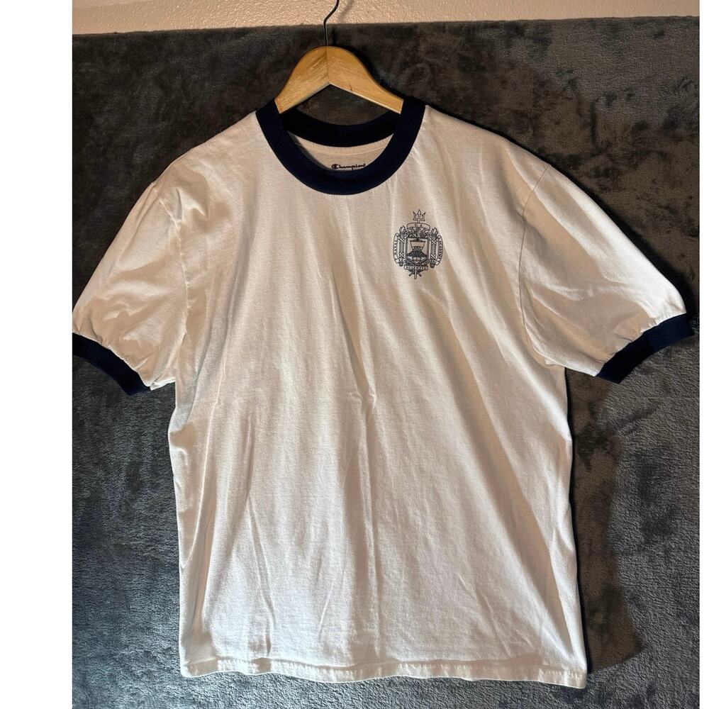 Champion US Naval Academy Ringer T-Shirt White Navy Blue Spellout Men's Large - Picture 1 of 7